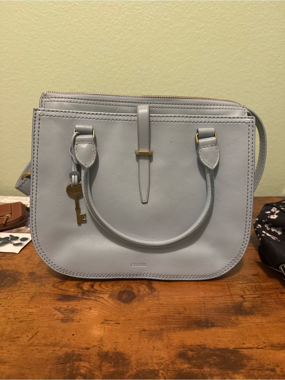 Fossil Pale Blue Leather Satchel with Key Charm